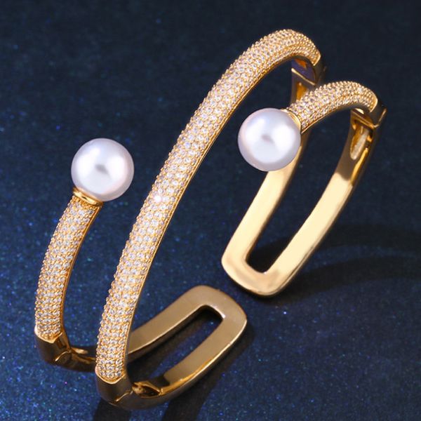

zlxgirl women size gold color bangle jewelry classic metal micro pave setting bangle wedding pearl jewelry, Black