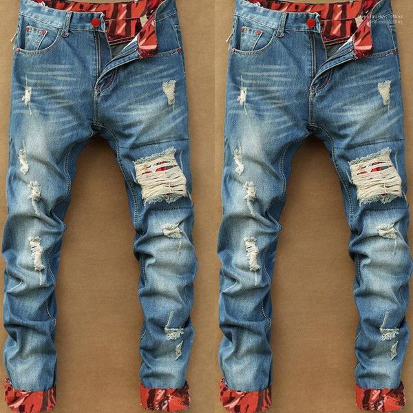

отверстие jeans fashion designer разорванные hip-hop тонкие мужские узкие джинсы мода ретро мужские брюки vintage мужские, Blue