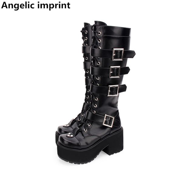 

angelic imprint mori girl women motorcycle punk boots lady lolita shoes woman princess high heels dress pumps buckles rivet 8cm, Black