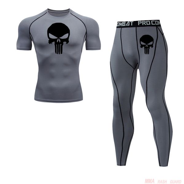 

short t shirt skull + sports leggings men's suit running tights tracksuit men summer gym t-shirt run pants moisture wicking, Black;blue