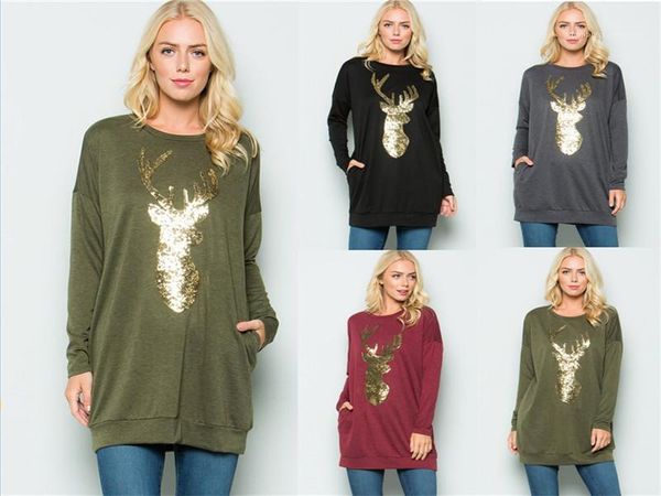 

sequins long sleeve o neck womens winter loose female tees christmas deer womens long tshirts embroidered, White