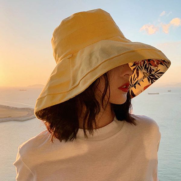 

two sides wear fashion floral print fisherman hat women casual korean hats 2020 summer travel sunscreen cotton cap black yellow, Blue;gray