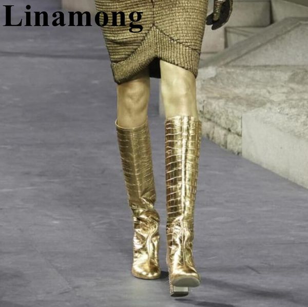 

2020 gold crocodile pattern over-the-knee long boots fashion square heel high heel round toe winter women shoes, Black