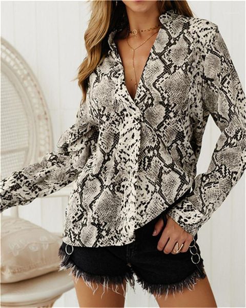 

womens shirts ladies casual loose long sleeved deep v neck shirts fashion female shirts designer snakeskin printed, White