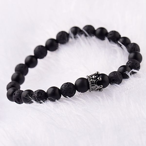 

2020 men's 8mm natural matte stone beaded bracelets classic black rock lava howlite cz crown elastic yoga bracelet bijoux homme