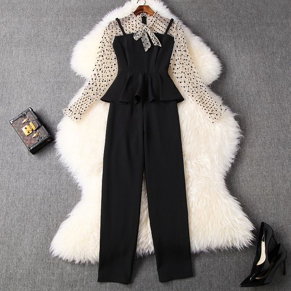 

2020 spring and summer women's new fake two-piece polka trousers and trousers dot ruffled + commuting ankle-length pants temperament, Gray