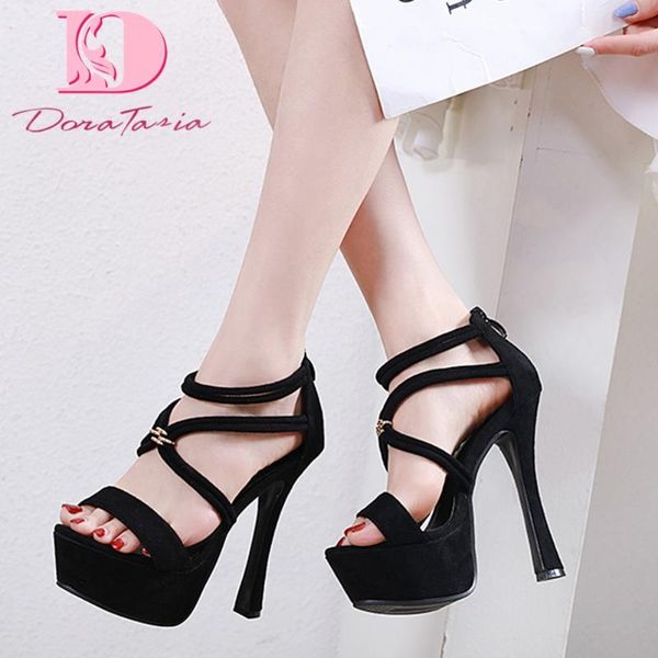 

tasia 2020 brand design gladiator flock women sandals thin heels peep toe platform pumps summer party women shoes, Black
