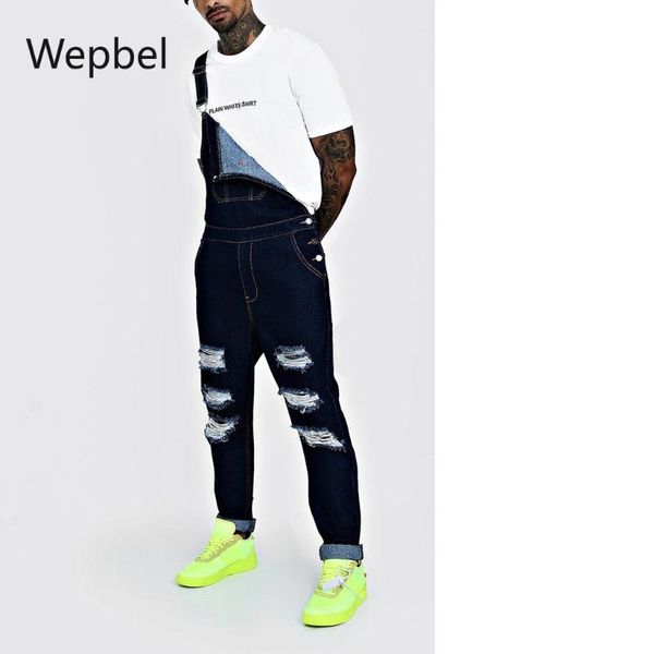 

men's jeans wepbel pants with hole trousers strap denim romper jumpsuits plus size overalls, Blue