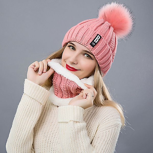 

2019 new knitted winter hat scarf set women thick cotton beanies and ring scarf female knitted winter accessories girls gift, Black;white