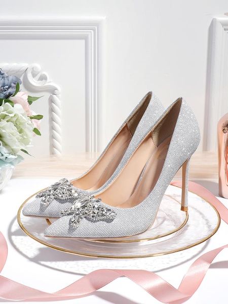 

wed2020 свадебные приличные осень лук горный хрусталь высокие каблуки остроконечные женщин тонкий каблук мелкий рот серебряный зал обувь, Black