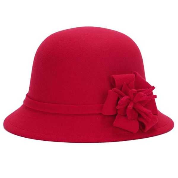 

2020 back to the future vintage women imitation woolen solid color flower decor bucket hat bowler cap, Blue;gray