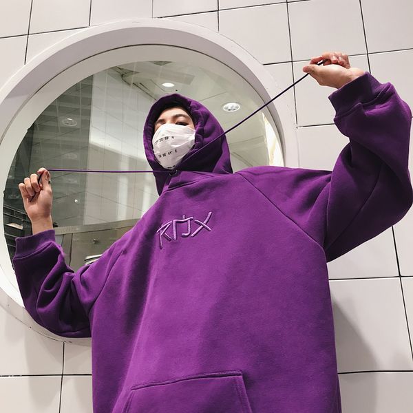 

осень и зима новый мужской хлопка темперамент свободный длинный рукав моды твердый цвет вышивки толстый свитер с капюшоном, Black