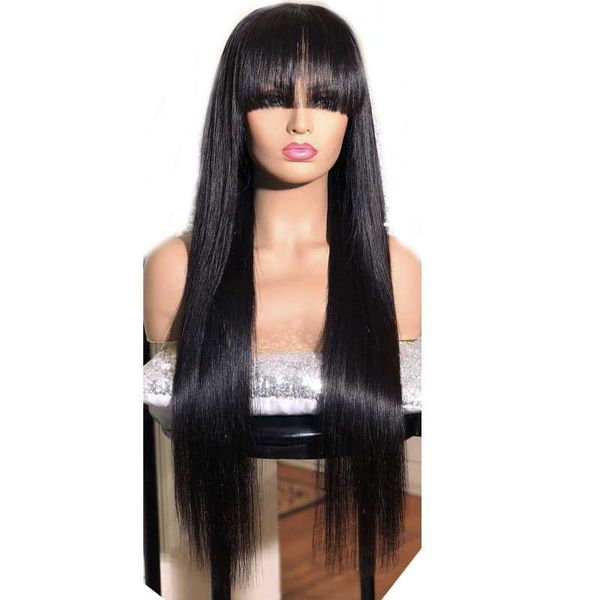 

lace wigs 30inch silky straight silk base wig with bangs glueless brazilian remy hair 5x5 human for women, Black;brown