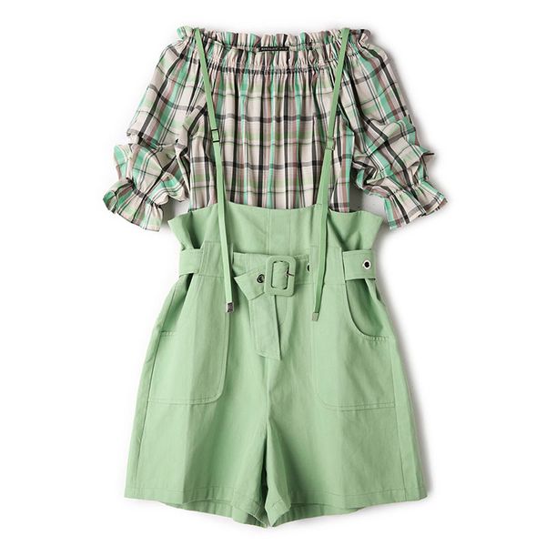 

perhaps u women green slash neck plaid flare half sleeve empire sash pocket short bib pants casual two-piece set t0325, Gray