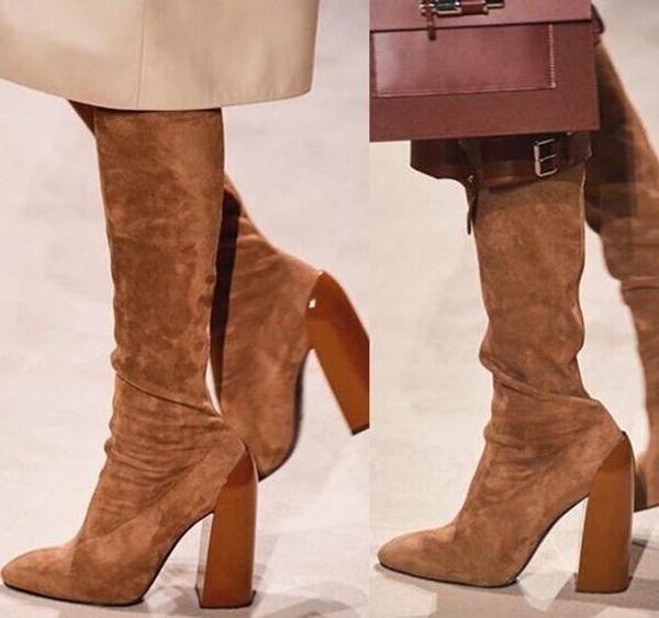 

new arrivals stretch fabric knee high boots pointed toe thick heels woman runway boots brown black suede riding