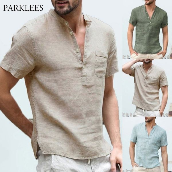 

linen shirts men 2020 summer short sleeve henley shirt chemise homme loose button shirt breathable solid male shirts with pocket, White;black