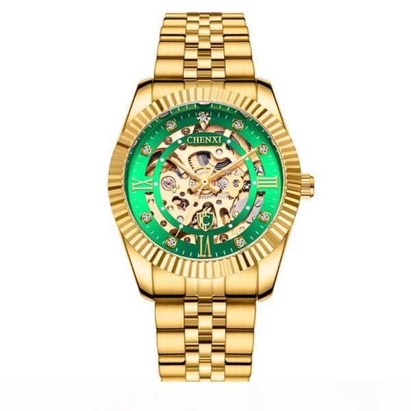 

chenxi gold dial face automatic mechanical men watches waterproof stainless steel strap men's watch round tourbillon wristwatch, Slivery;brown