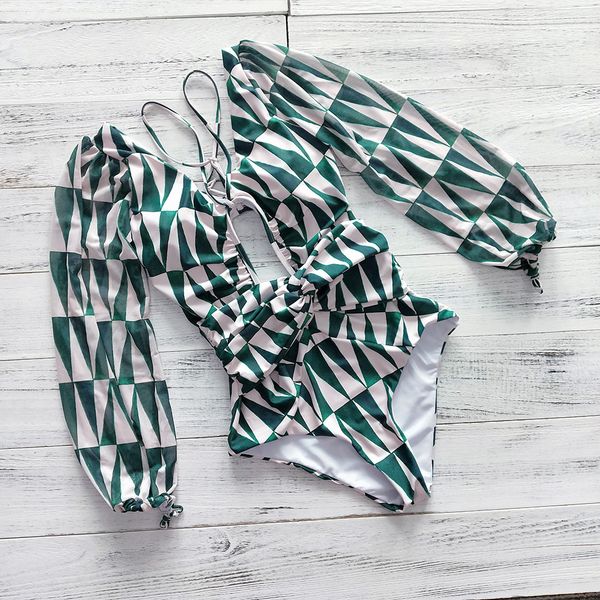 

vintage one piece swimsuit female 2020 long sleeve swimwear women plus size bathing suit print bandage summer bathers monokini