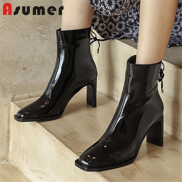 

boots asumer 2021 autumn winter high heel woman party wedding shoes round toe genuine leather ankle women, Black