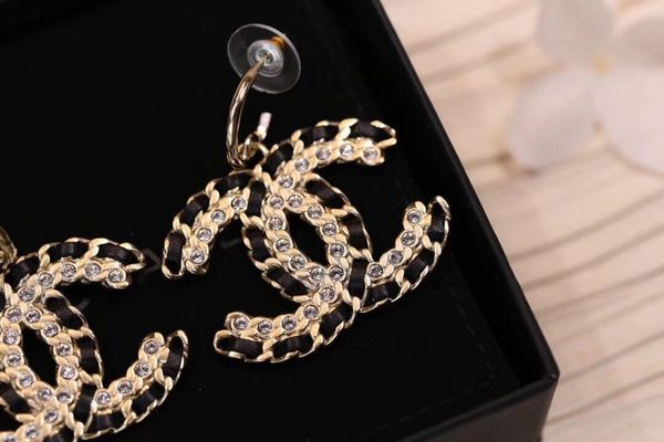 

black leather and diamond style drop earring women and mother jewelry gift ps4257, Golden