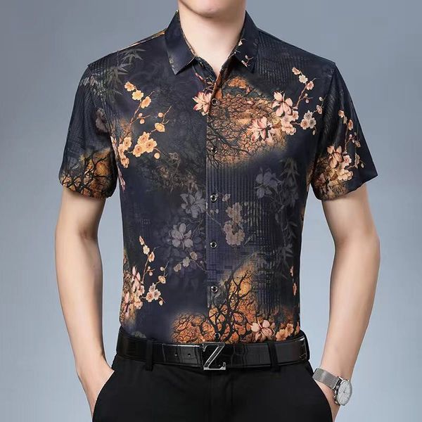 

floral print shirt men 2020 brand new gold bronzing short sleeve chemise homme fancy flower mens dress shirts camisa masculina, White;black