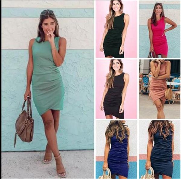 

solid color womens designer dresses crew neck pleated summer mini dresses irregular sleeveless womens bodycon dresses skinny, Black;gray
