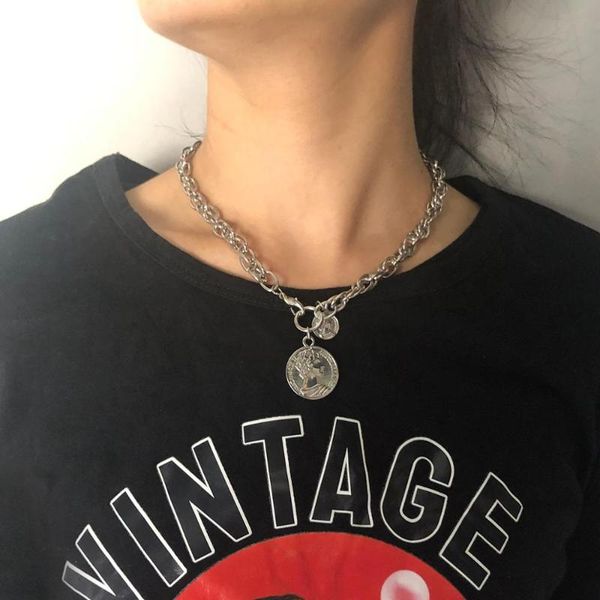 

aensoa women's vintage silver color coin pendant necklace 2020 punk simple curb cuban long chain choker necklace party jewelry