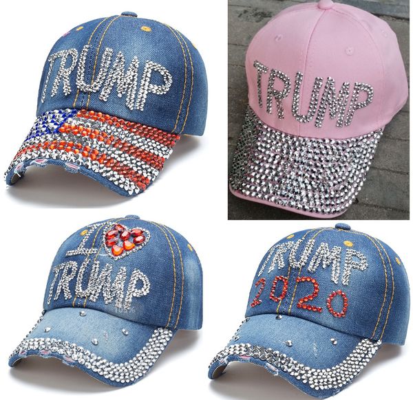 

styles trump 2020 baseball cap trump hat election campaign hat cowboy diamond cap adjustable snapback women denim diamond hat, Blue;gray