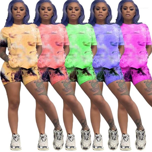 

2pcs running suits pullover shorts clothing sets designer slim high waist tracksuits women summer tie dyed, Gray