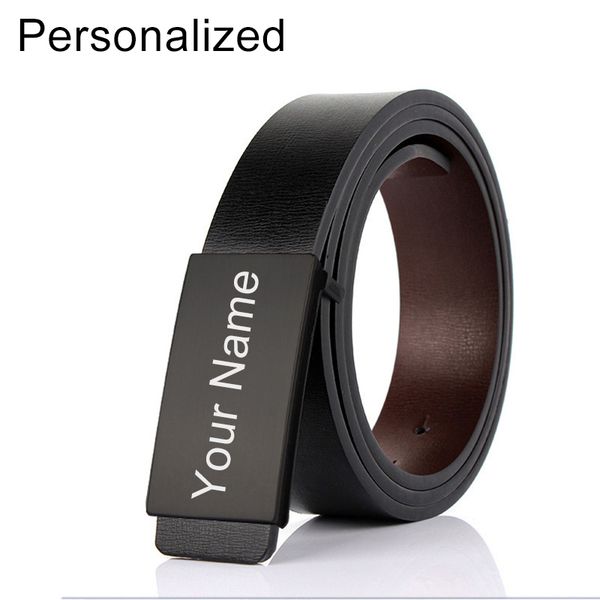 

personalized leather belt men waistband custom engraved black smooth flat belt buckle simple men's accessories father gift, Black;brown