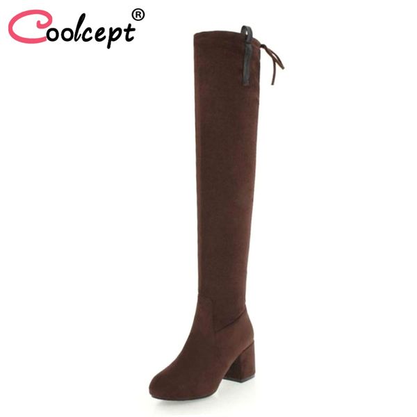 

coolcept plus size 33-48 women's winter boots lace up warm women shoes thick heels over knee boots fashion long, Black