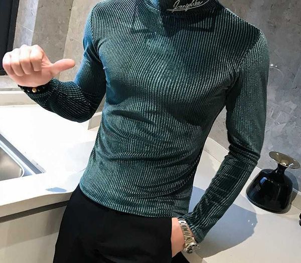 

2020 autumn striped long sleeve tshirt clothes high collar shirt men personality gold velvet t-shirt male velvet t shirt men, White;black