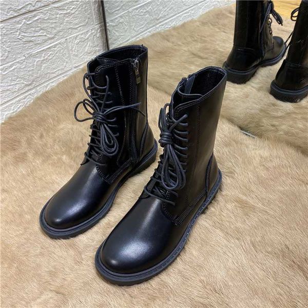 

boots deat 2021 spring autumn fashion casual lace-up zipper thick bottom leather single shoes women short cool sf209, Black