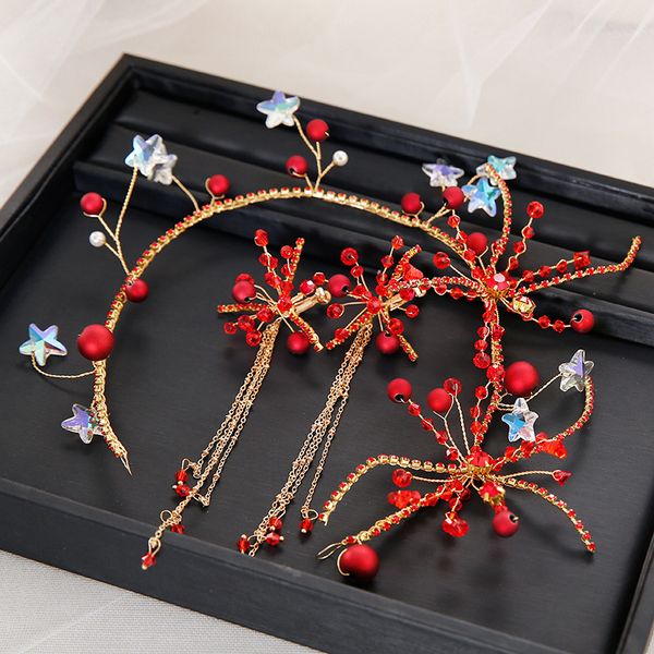 

2020 new bride wedding headdress shiny red crystal hair hoop fairy star hair accessories fairy performance jewelry, Golden;silver