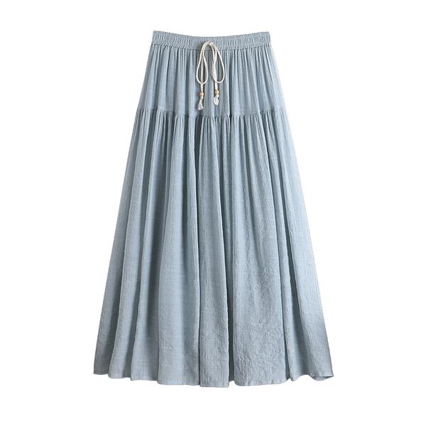 

2020 new summer cotton linen casual lace up women skirts patchwork solid pleated long skirts for women high waist thin skirt, Black