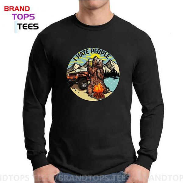 

men's t-shirts cotton t shirt i hate people camping bear tshirt hiking retro drinking outdoor lovers long sleeves soft, White;black