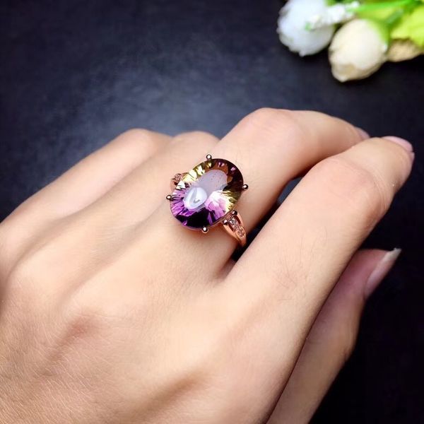 

uloveido adjustable rose gold color beautiful 925 sterling silver natural ametrine lady ring,12*16mm oval gemstone ring fj333, Golden;silver