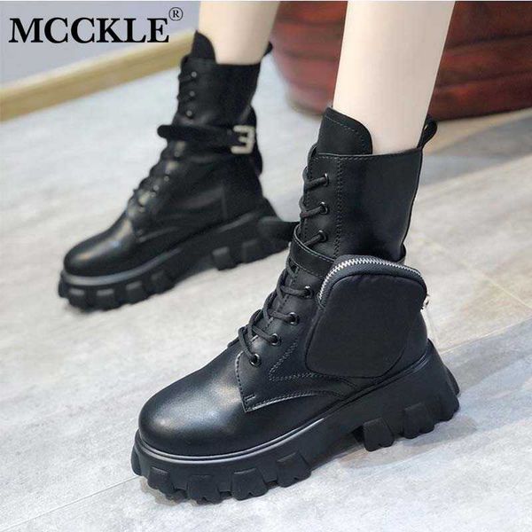 

women boots mid calf shoes autumn ladies fashion pu leather pocket lace up platform motorcycle female footwear 2020 woman, Black
