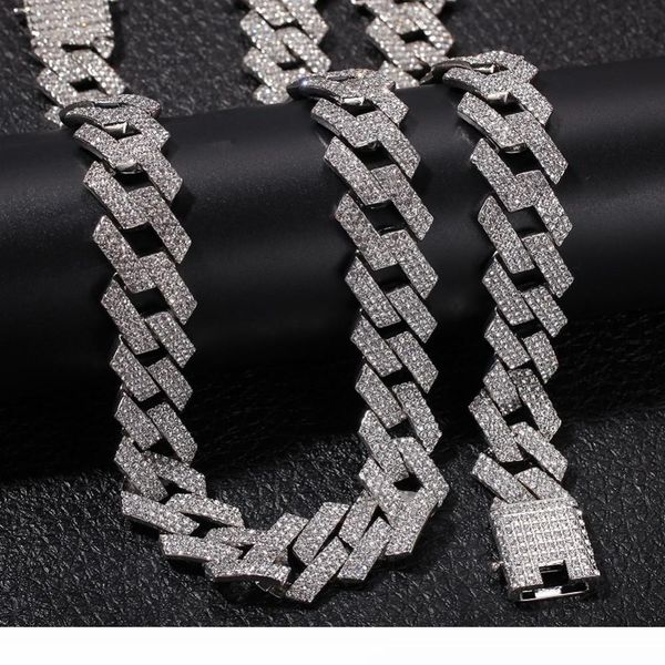 

new color 20mm cuban link chains necklace fashion hiphop jewelry 3 row rhinestones iced out necklaces for men, Silver