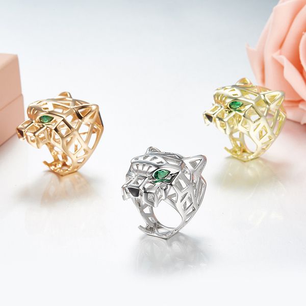 

925 sterling silver hollow out leopard ring animal 18k gold plated jewelry for women or men, Golden;silver