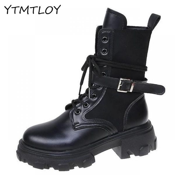 

2020 black platform combat boots for women lace up buckle strap woman shoes winter biker boots mid-calf lace-up