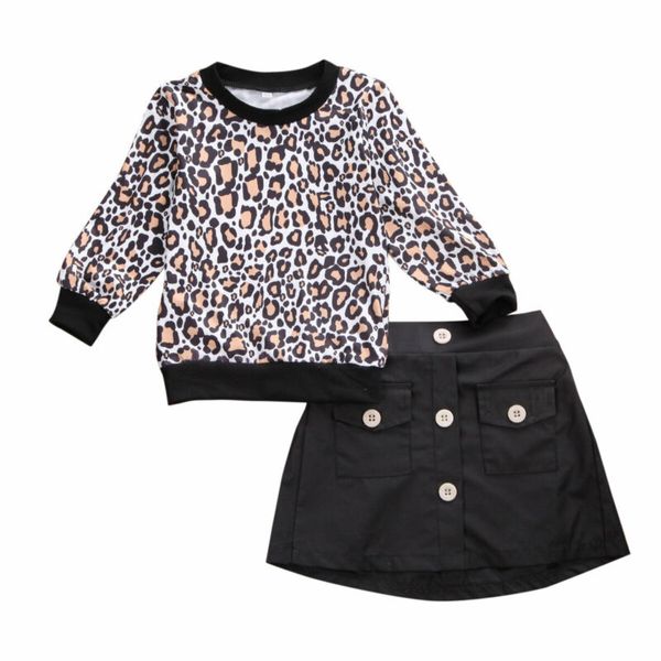 

toddler kid baby girls long-sleeved leopard print sweatshirt pullover + short leather skirt autumn winter clothes set, White