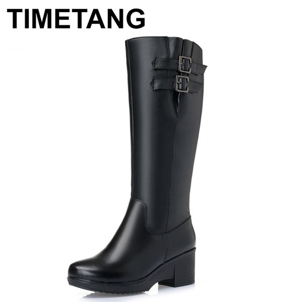 

timetang women winter shoes knee high boots women's winter shoes natural wool genuine leather women boots, Black