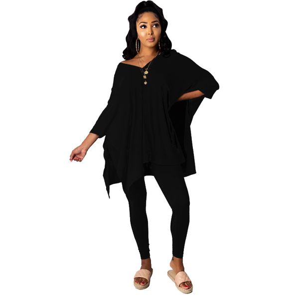 

women irregular two piece pants batwing sleeve loose v neck tshirt slim fit trousers ladies 2pcs clothing suit, White
