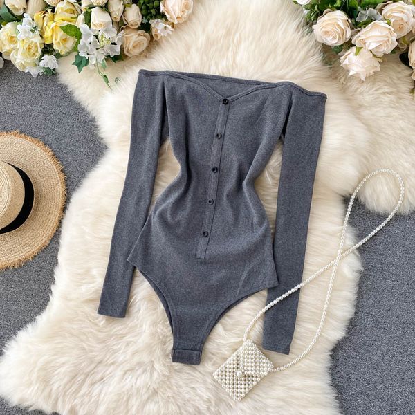 

amolapha women 2020 autumn winter solid off shoulder single button long sleeve bodysuits slim elastic bodysuit outfits, Black;white