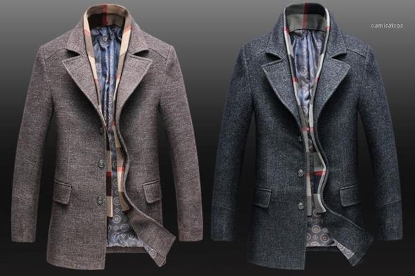 

мужчины одежда щитовых мужской зимы бленда мода тонкой однобортный дизайнер ветровка шерсть пальто вскользь съемный шарф, Black