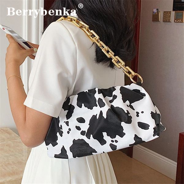 

berrybenka cow pattern women armpit bag fashion crude chain pleated for female shoulder bags pu leather clutches