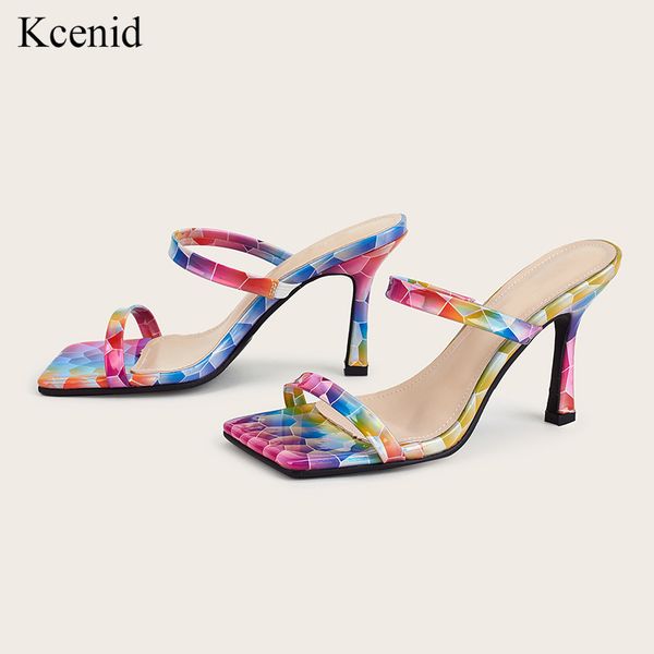

kcenid 2020 new design women slippers multi color elegant square toe thin high heels 9cm slippers summer party slides shoes 42, Black