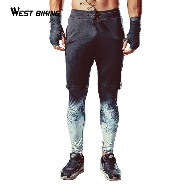 

west biking false two-pieces cycling pants men bodybuilding fitness compression sports basketball tights men training tracksuit, Black;blue