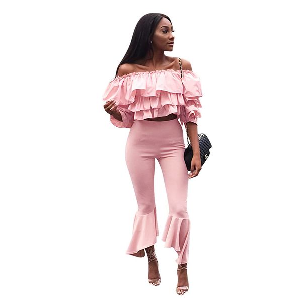 

fashion soild color womens two piece set casual ruffle tube tracksuits slash neck wide legs suit, Gray
